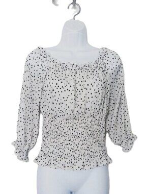 Peasant Top by Anthropologie White W/ Black Polka Dot Boho On / Off Shoulder  S